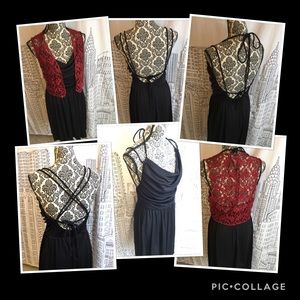 2 pc Vintage black backless dress w/ Lace Vest